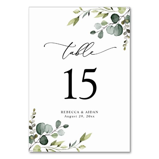 Elegant Script Eucalyptus Greenery Table Numbers Kaart (Voorkant)