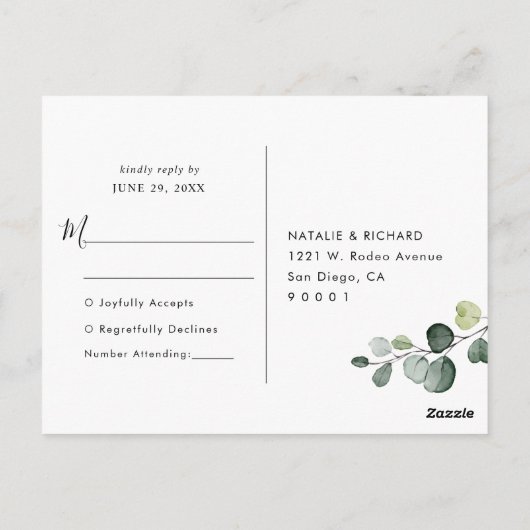 Elegant Script Eucalyptus Greenery Wedding Rsvp Briefkaart (Achterkant)