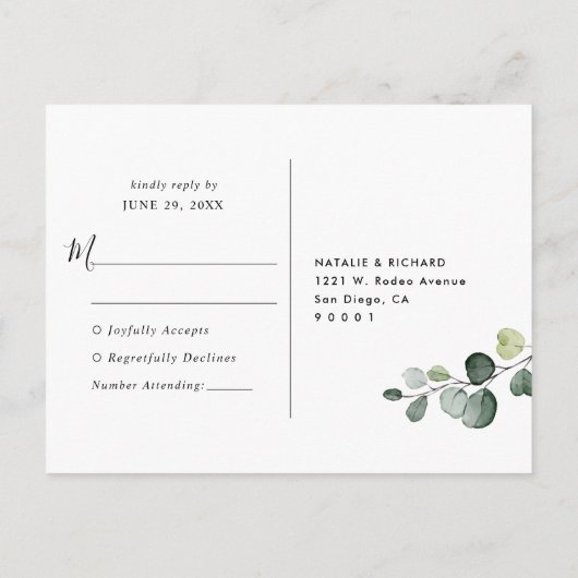 Elegant Script Eucalyptus Greenery Wedding Rsvp Briefkaart (Achterkant)