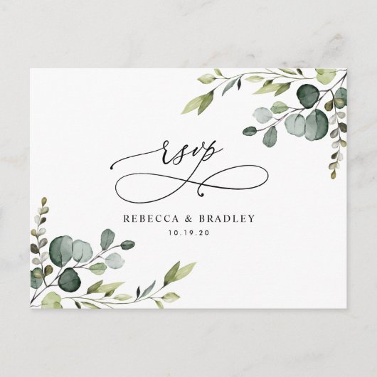 Elegant Script Eucalyptus Greenery Wedding Rsvp Briefkaart (Voorkant)