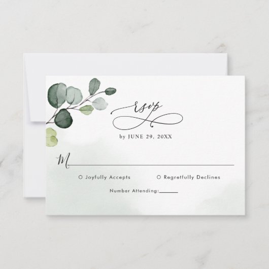 Elegant Script Eucalyptus Greenery Wedding RSVP Kaartje (Voorkant)