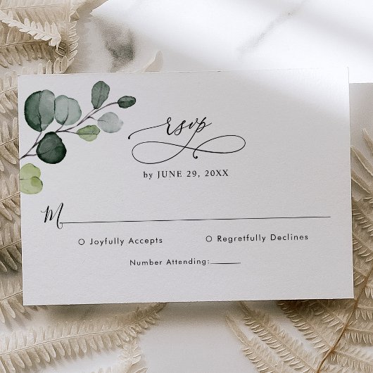 Elegant Script Eucalyptus Greenery Wedding RSVP Kaartje