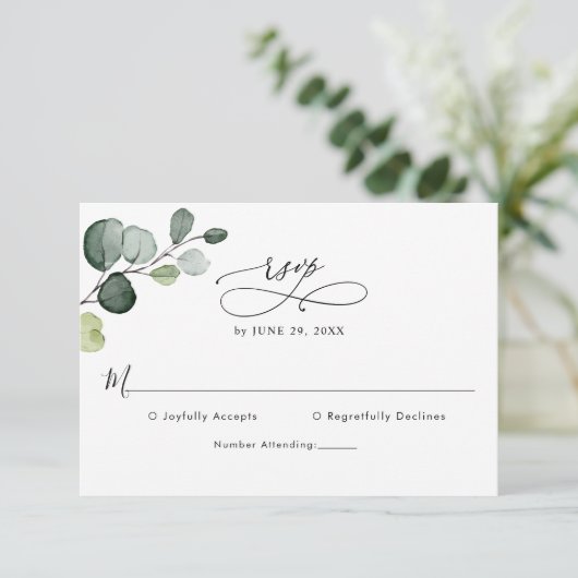 Elegant Script Eucalyptus Greenery Wedding RSVP Kaartje (Staand voorkant)