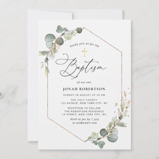 Elegant script eucalyptus lijst doop kaart (Voorkant)
