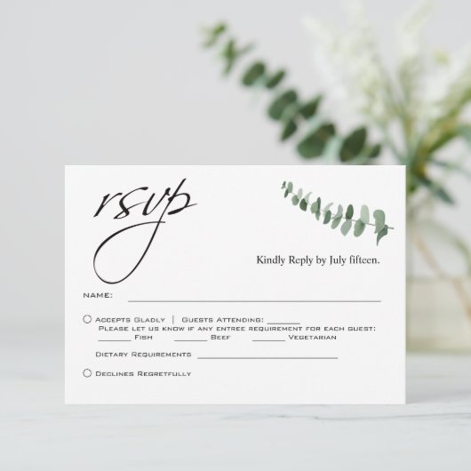 Elegant Script Eucalyptus QR Code Bruiloft RSVP Notitiekaartje (Staand voorkant)