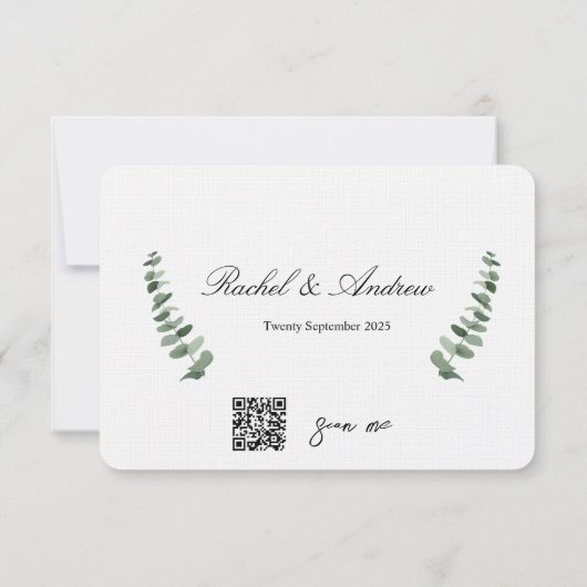 Elegant Script Eucalyptus QR Code Bruiloft RSVP Notitiekaartje (Achterkant)
