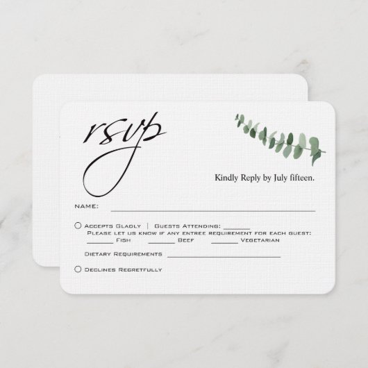 Elegant Script Eucalyptus QR Code Bruiloft RSVP Notitiekaartje (Voorkant / Achterkant)
