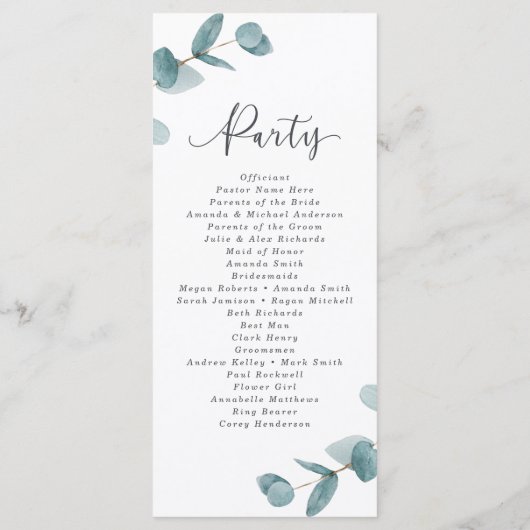 Elegant Script Eucalyptus trouwceremonie Programmakaart (Achterkant)