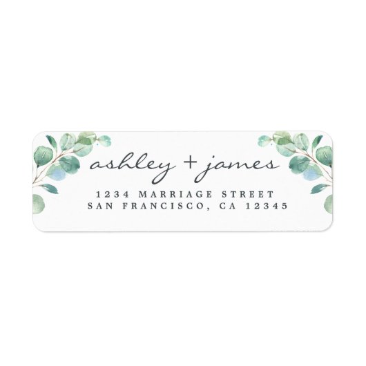 Elegant Script Eucalyptus Weddenschap Return Addre Etiket (Voorkant)