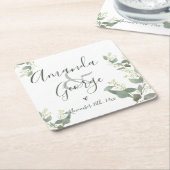 Elegant script | Eucalyptusbladeren | Weddenschap Kartonnen Onderzetters (Schuin)