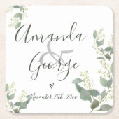 Elegant script | Eucalyptusbladeren | Weddenschap Kartonnen Onderzetters (Voorkant)