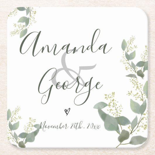 Elegant script | Eucalyptusbladeren | Weddenschap Kartonnen Onderzetters (Voorkant)
