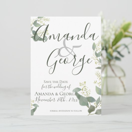 Elegant script | Eucalyptusbladeren | Weddenschap Save The Date (Staand voorkant)