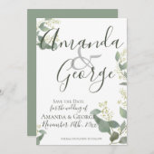 Elegant script | Eucalyptusbladeren | Weddenschap Save The Date (Voorkant / Achterkant)