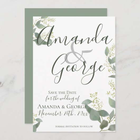 Elegant script | Eucalyptusbladeren | Weddenschap Save The Date (Voorkant / Achterkant)