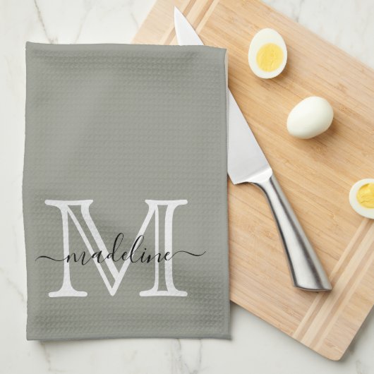 Elegant Script Evergreen Fog Monogram Theedoek (Quarter Fold)