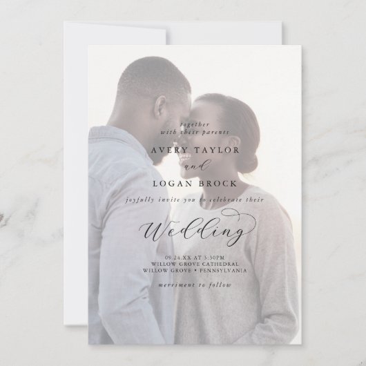 Elegant Script Faded Foto voor en achter bruiloft Kaart (Voorkant)