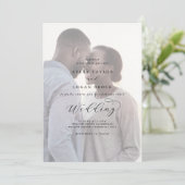 Elegant Script Faded Foto voor en achter bruiloft Kaart (Staand voorkant)