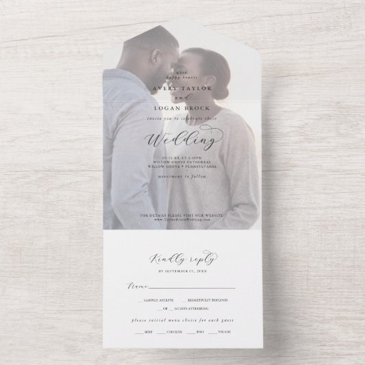 Elegant Script Faded Photo Weduwnaar in één Invi All In One Uitnodiging (Binnen)