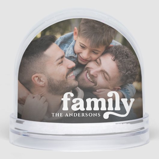Elegant Script Familienaam & 2 Foto's Sneeuw Werel Sneeuwbol (Voorkant)
