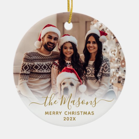 Elegant script familienaam Foto Vrolijk Kerstfeest Keramisch Ornament (Voorkant)