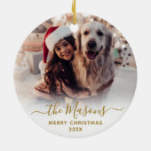 Elegant script familienaam Foto Vrolijk Kerstfeest Keramisch Ornament (Achterkant)