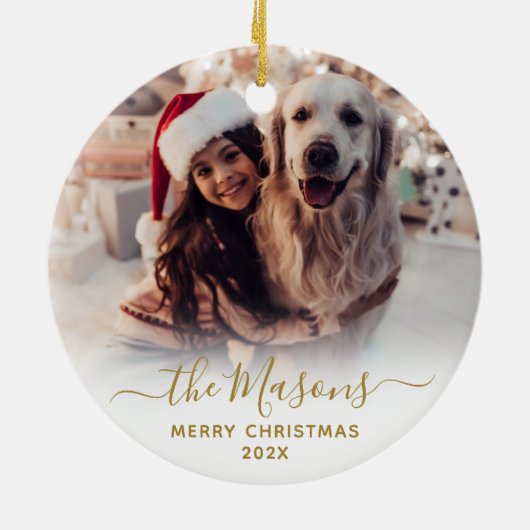 Elegant script familienaam Foto Vrolijk Kerstfeest Keramisch Ornament (Achterkant)