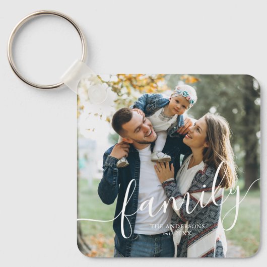 Elegant Script "Family" Aangepaste foto Sleutelhanger (Voorkant)