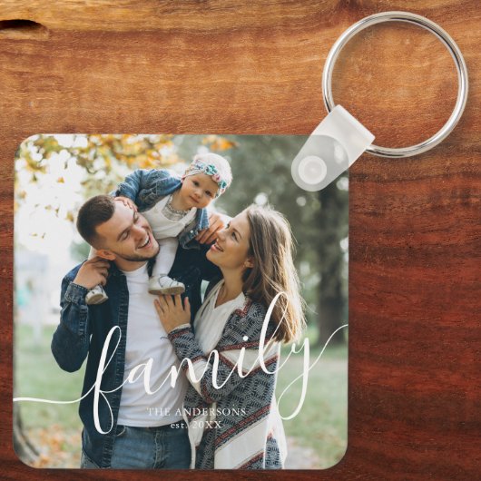Elegant Script "Family" Aangepaste foto Sleutelhanger (Achterkant)