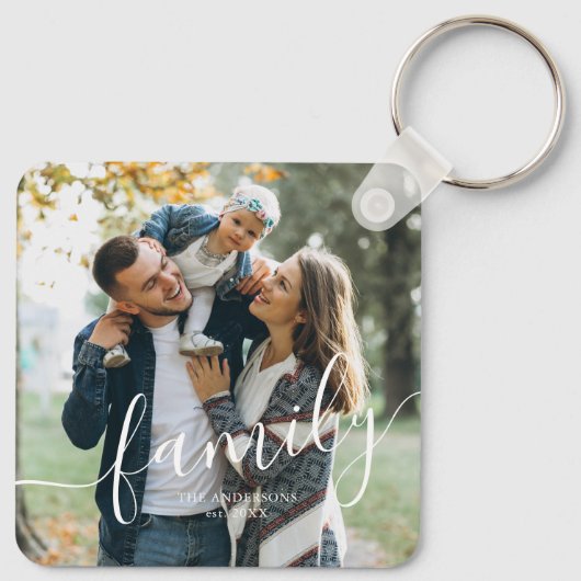 Elegant Script "Family" Aangepaste foto Sleutelhanger (Achterkant)
