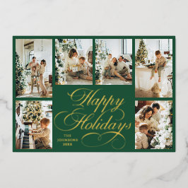 Elegant Script & Family Photo Collage Christmas Folie Feestdagenkaart