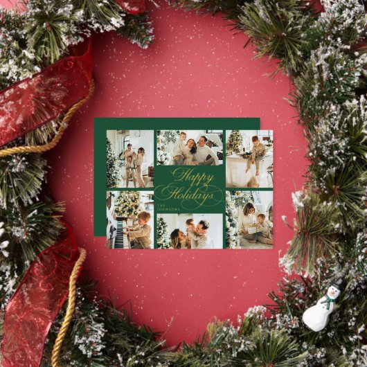 Elegant Script & Family Photo Collage Christmas Folie Feestdagenkaart (Insitu)