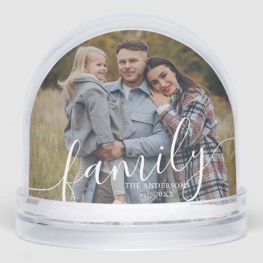 Elegant Script "Family" Photo Snow Globe Sneeuwbol (Voorkant)