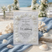 Elegant Script Faux Embossed Roses Formal Wedding Kaart