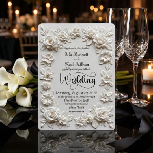 Elegant Script Faux Embossed Roses Formal Wedding Kaart