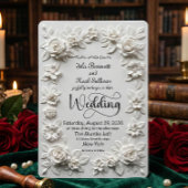 Elegant Script Faux Embossed Roses Formal Wedding Kaart