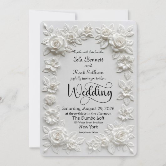 Elegant Script Faux Embossed Roses Formal Wedding Kaart (Voorkant)