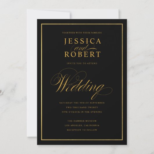 Elegant Script Faux Gold Border Black Wedding Kaart (Voorkant)