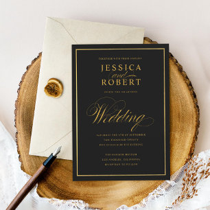 Elegant Script Faux Gold Border Black Wedding Kaart