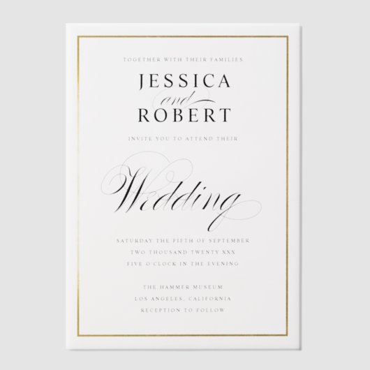 Elegant Script Faux Gold Border Wedding Vellum Uitnodigingen (Voorkant)