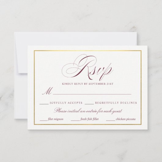 Elegant Script Faux Gold Bourgogne RSVP Maaltijden (Voorkant)