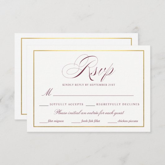 Elegant Script Faux Gold Bourgogne RSVP Maaltijden (Voorkant / Achterkant)