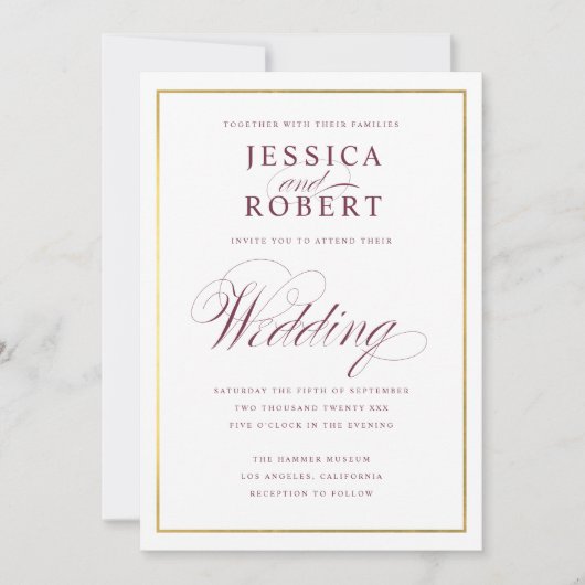 Elegant Script Faux Gold Burgundy Wedding Kaart (Voorkant)