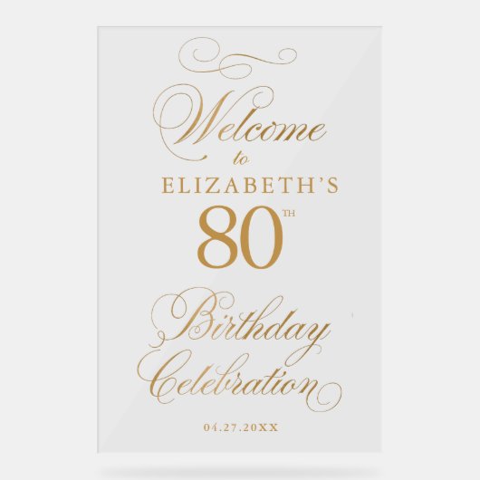 Elegant Script Faux Gold Verjaardag Welkom Acryl Bord (Voorkant)