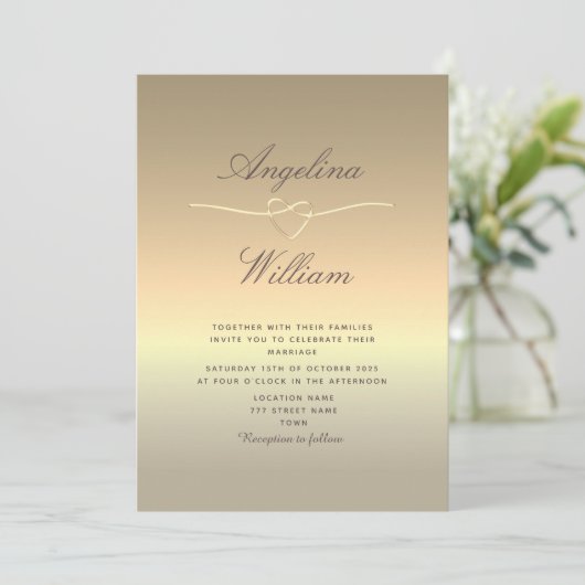 Elegant Script Faux Gold Wedding Invitation Kaart (Staand voorkant)