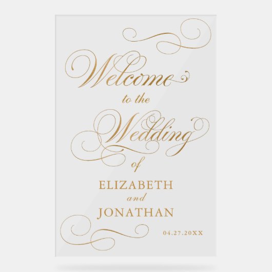 Elegant Script Faux Gold Wedding Welkom Acryl Bord (Voorkant)
