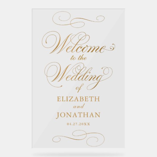 Elegant Script Faux Gold Wedding Welkom Acryl Bord (Voorkant)