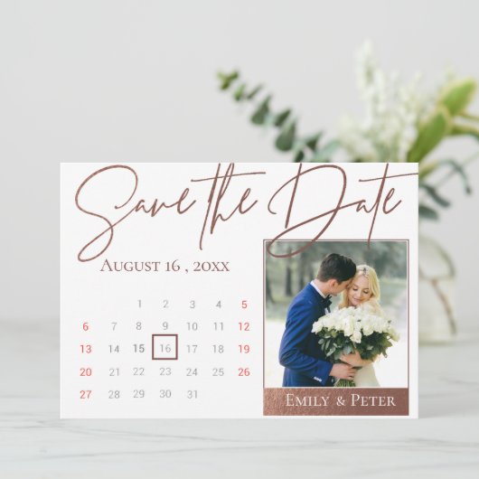 Elegant Script Faux Roos Gold Weddenfoto Save The Date (Staand voorkant)