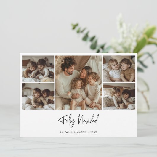 Elegant Script Feliz Navidad Christmas 5 Foto Rood Feestdagenkaart (Staand voorkant)