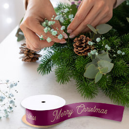 Elegant Script Festive Burgundy Zalig Kerstfeest Satijnen Lint